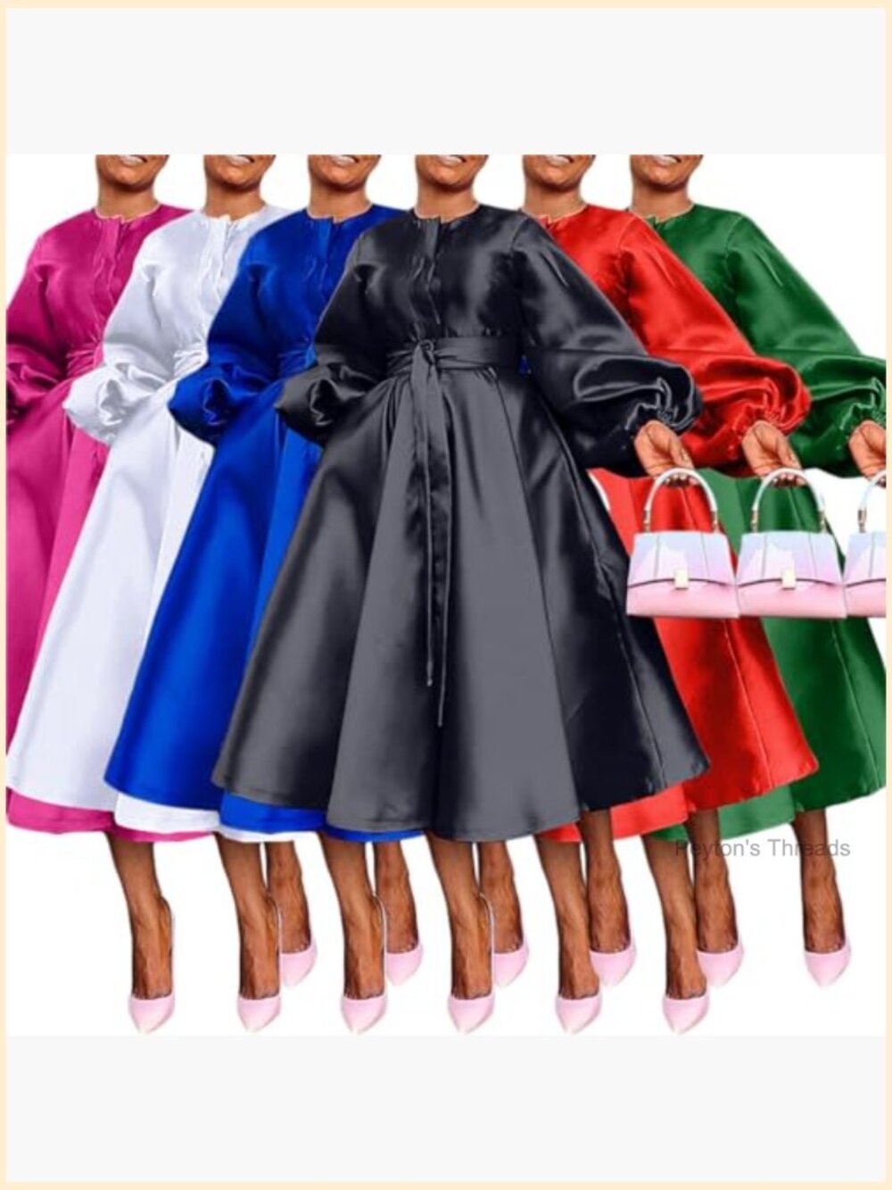 Women's Satin Long Sleeve A Line Maxi Dress with Belt Pockets - Picture 5 of 5